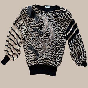 🖤 Vintage Sonia Hand-Made Sweater – Mixed Textures Art Deco Drama Faux Leather